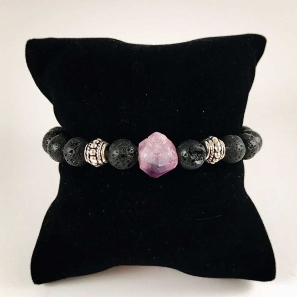 Genuine raw Amethyst cluster lava rock bracelet - Picture 3 of 8